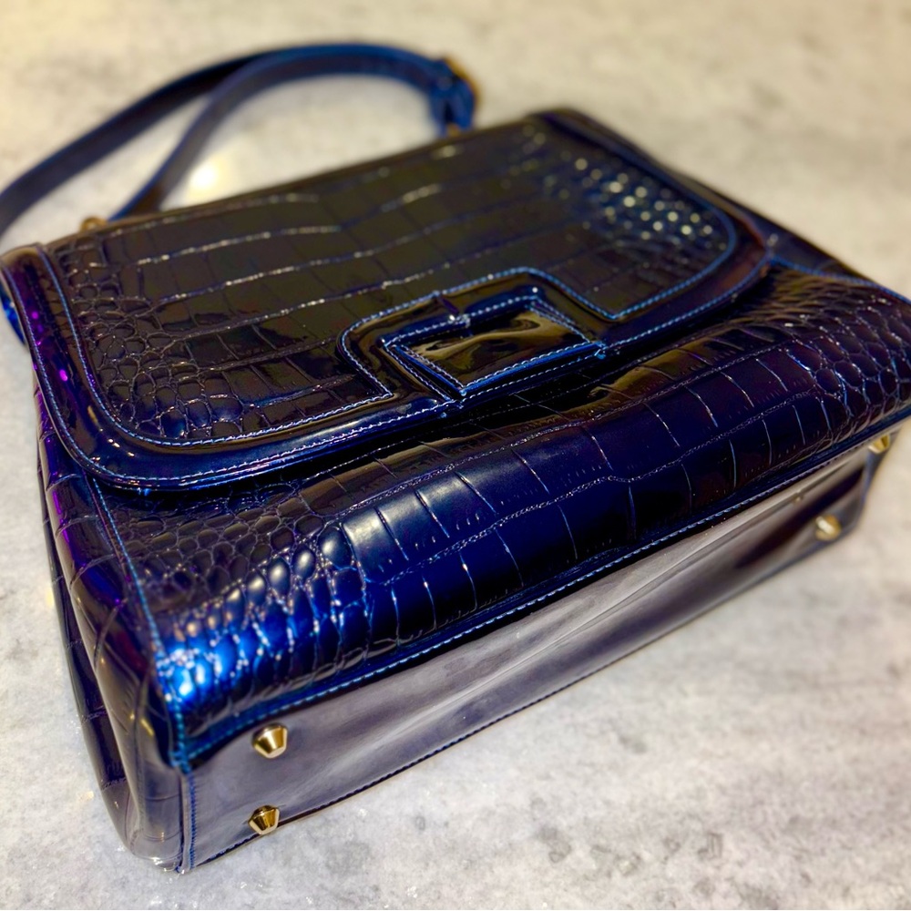 Blue Croc Embossed Satchel with Gold-Tone Hardware - Picture 6 of 16